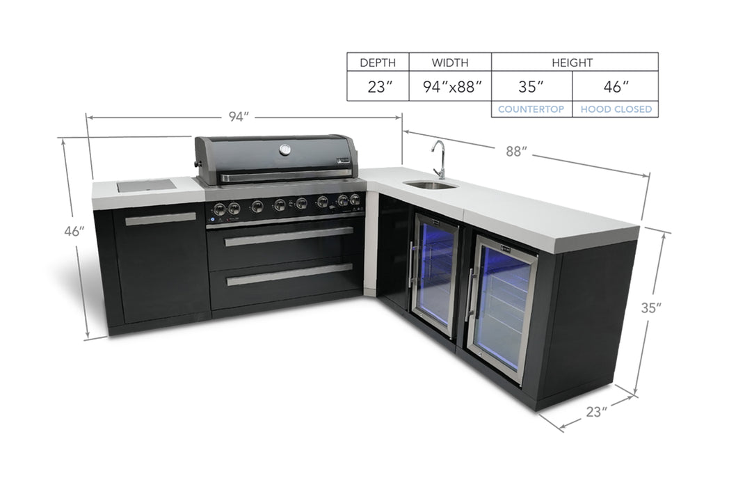 Mont Alpi 805 Black Stainless Steel Island with a 90 Degree Corner Beverage Center and Fridge Cabinet MAi805-BSS90BEVFC